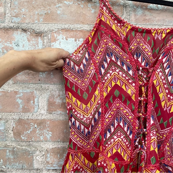 Tiered Maxi Dress Boho Red Lace Up Ruffled Handkerchief Hem Midi Sundress - Picture 10 of 15